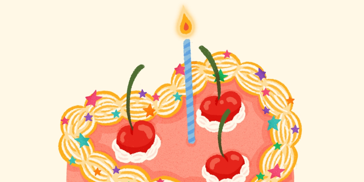 A digital illustration of a heart-shaped birthday cake with pink frosting. The cake is decorated with swirls of golden icing, small colorful star-shaped sprinkles, and three bright red cherries with stems, each sitting on a dollop of white cream. A single blue-striped candle with a small flame stands at the center of the cake. The sides of the cake feature rainbow-colored icing drapes and white rosettes. The background is a soft cream color.