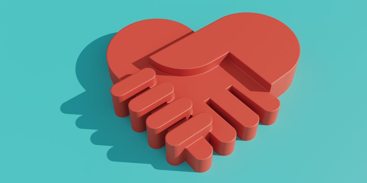 3D illustration of two red hands forming a heart shape set against a bright teal background.