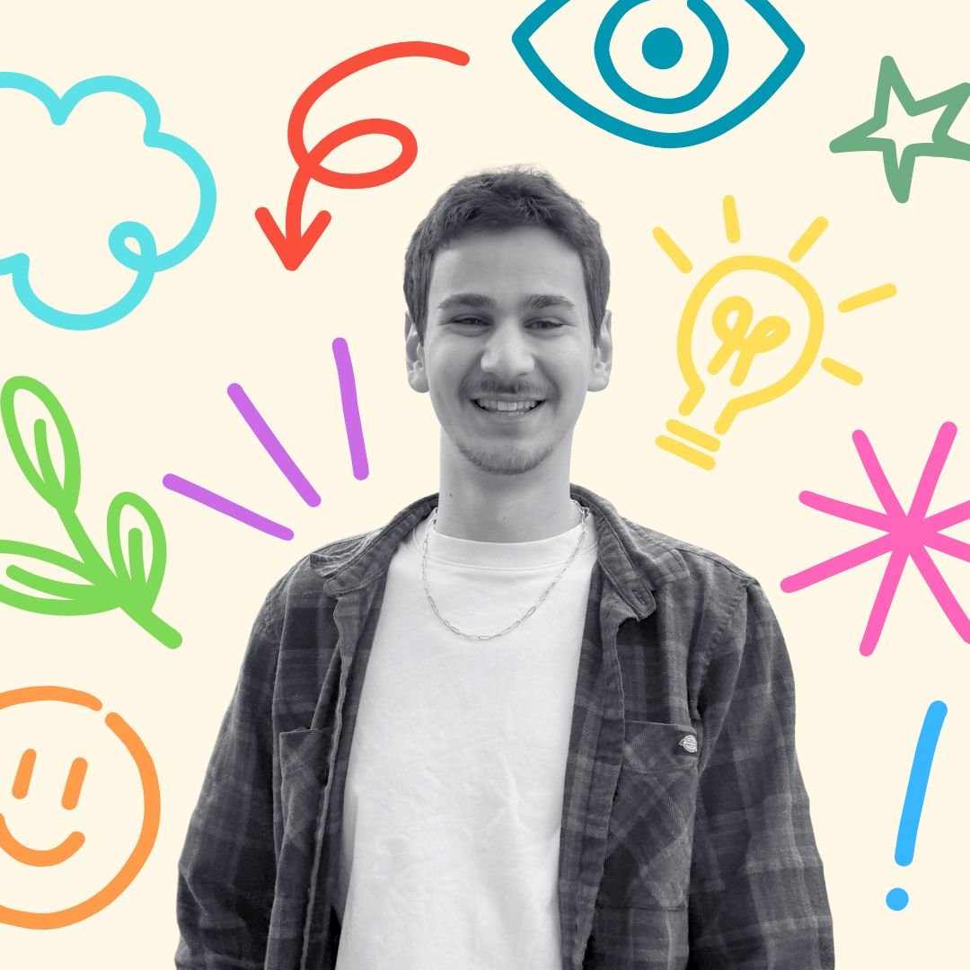 Black and white photo of Senior Marketing Coordinator Sam wearing a plaid shirt over a white t-shirt, with a silver chain necklace. The background is a light cream color with colorful doodles surrounding him, including a lightbulb, smiley face, exclamation mark, eye, arrow, and plant leaves in vibrant colors like blue, red, green, pink, and yellow.