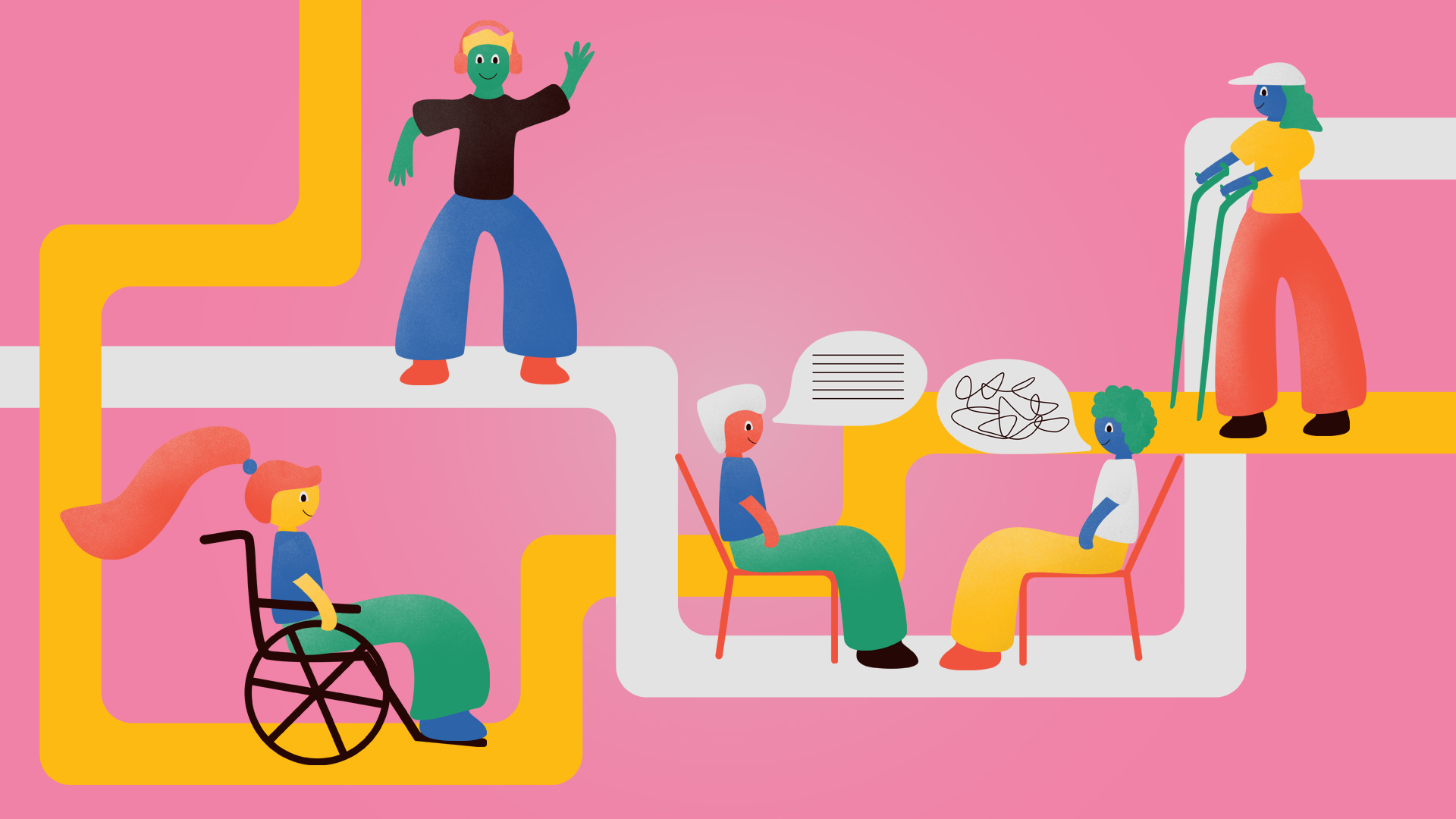 Illustration of several people with disabilities and different access needs connected by winding pathways. One person uses a wheelchair, another wears headphones and waves, two people sit and communicate with speech bubbles, and another person uses forearm crutches. The image uses bright pink, yellow, gray, and green colors in a playful, abstract style.