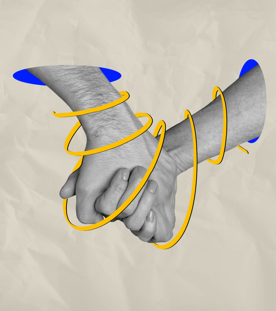 Composite photo collage of hand shake love relationships boding feelings meeting colleagues workers isolated on painted background Two hands joined as one