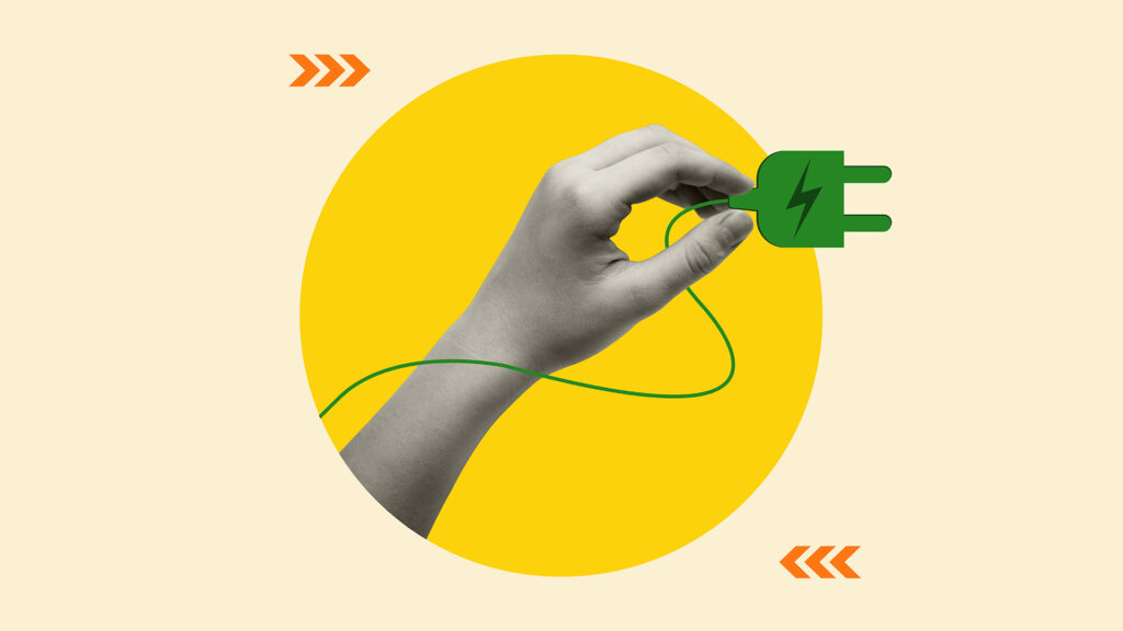 Contemporary art collage of hand holding plug socket. Concept of energy, activity and power.