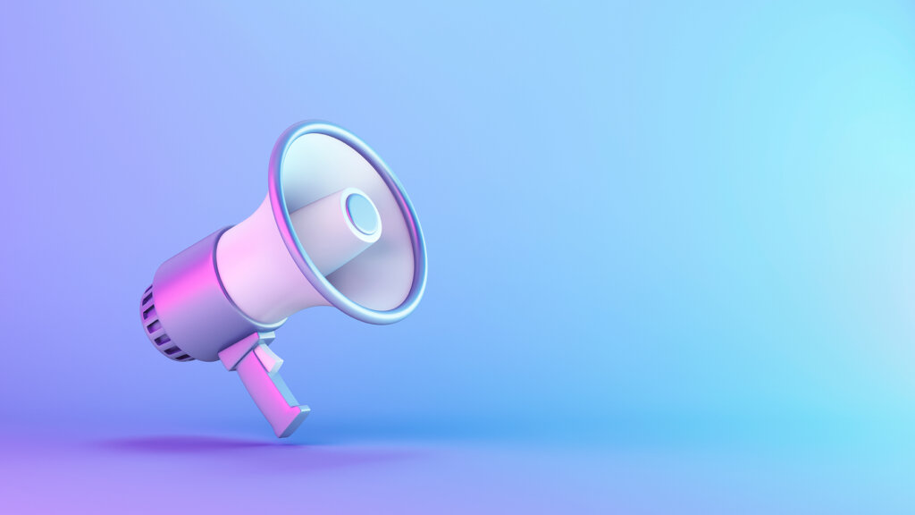 Electric Megaphone on blue and purple gradient background Bring outside voices into your marketing.