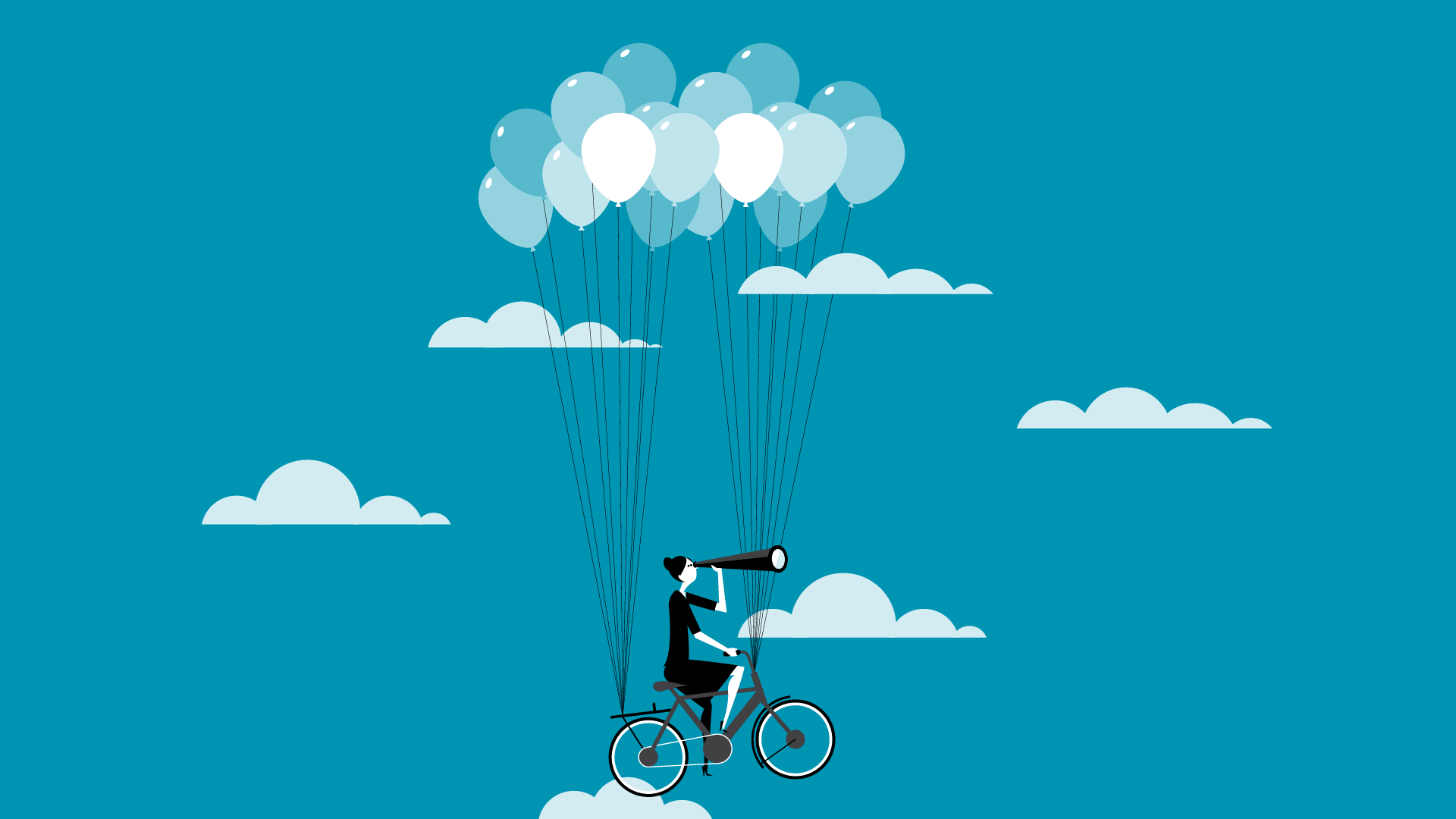 From Perception to Entry 3 Graphic of a woman on a bike being held in the clouds by balloons.