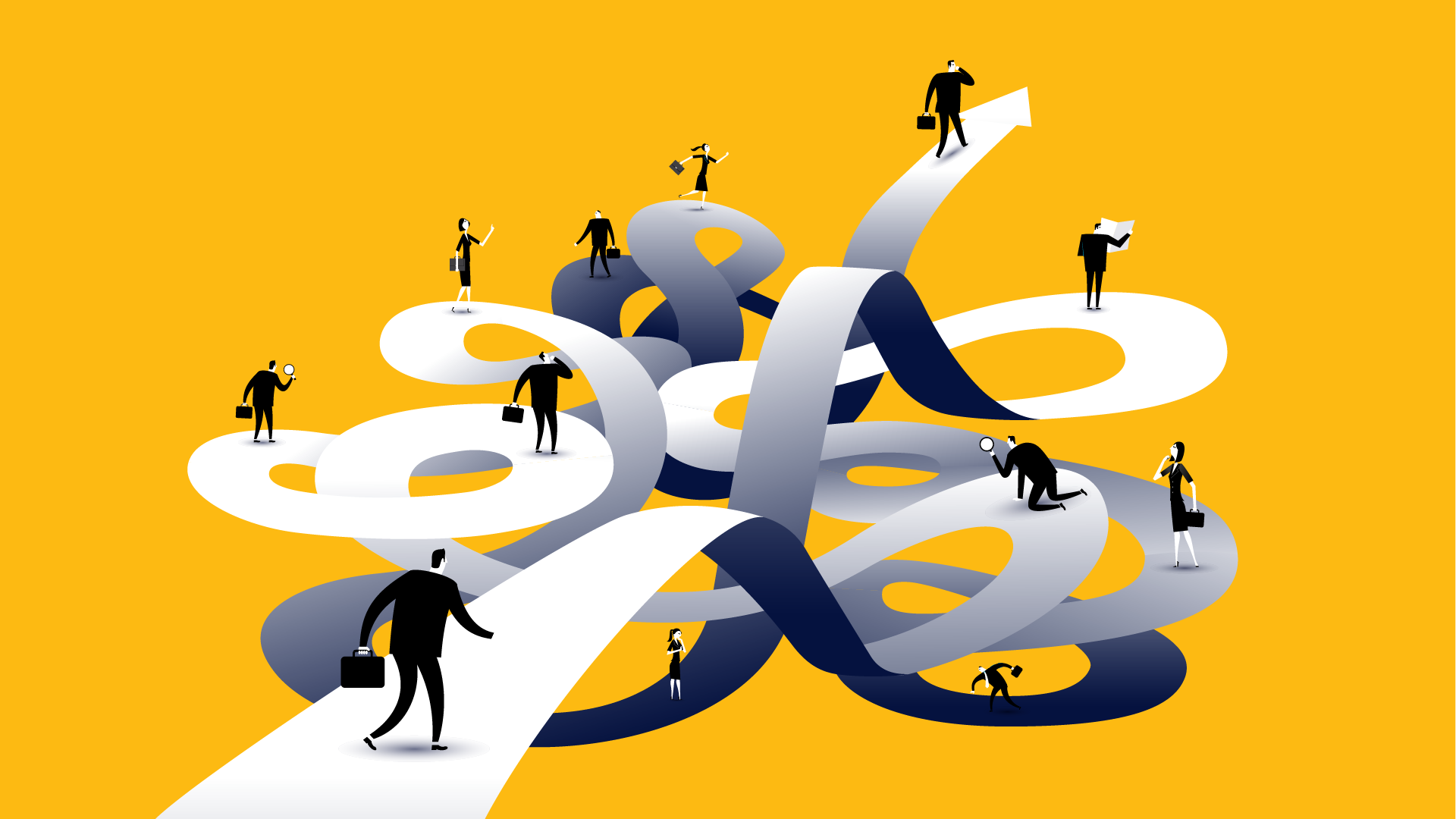 A graphic of several people searching along multiple pathways.
